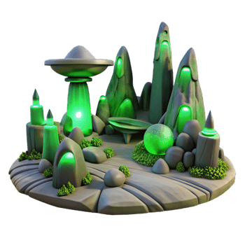 peaceful dazzling A desolate alien landscape with strange rock formations, eerie green lighting, otherworldly atmosphere, science fiction style, detailed png