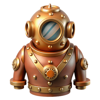 striking bohemian A steampunk diving suit, heavy brass and copper, glowing portholes, underwater lighting, vintage illustration style crisp png