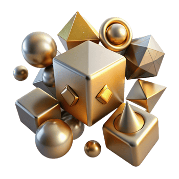 remarkable artistic A field of floating, geometric primitives cubes, spheres, cones with a metallic texture, illuminated by a sharp, directional light source from above perfect clarity png