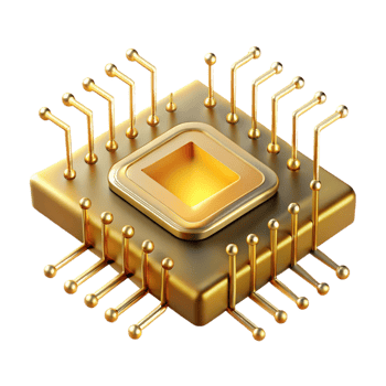 exceptional surreal A single microchip, magnified to enormous scale, intricate pathways glowing with golden light, viewed from a microscopic perspective, rendered in a photorealistic style elite png