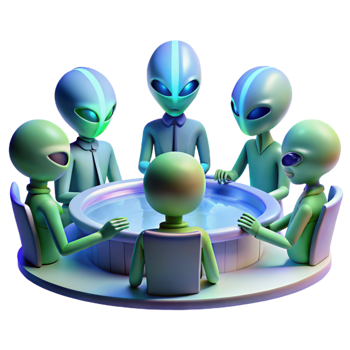 serene dynamic avant garde A group of alien diplomats gathered around a holographic table, discussing galactic politics, dramatic lighting, photorealistic, artisan png