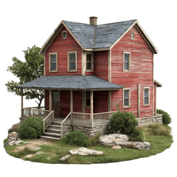 Red Two Story Farmhouse with Porch and Stone Foundation Isolated on transparent Background png