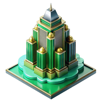 extraordinary notable Art Deco skyscraper, emerald green and gold accents, volumetric lighting, highly polished surfaces, raining, reflections in puddles, isometric view png