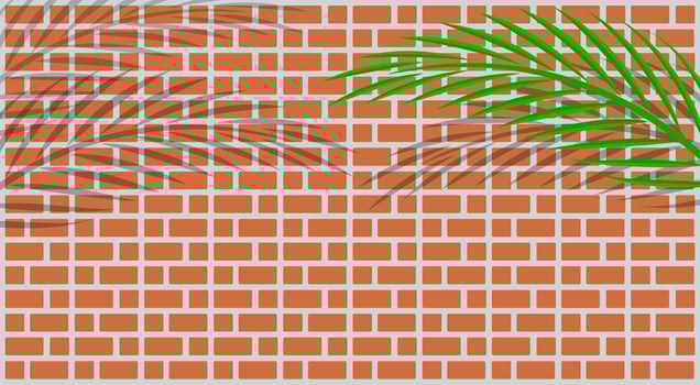 red brick wall tile and leaves palm for background and copy space, bathroom wall brick tile and leaf coconut palm shadow, brickwork texture and coconut leaves, red brown brick wall and palm branches vector