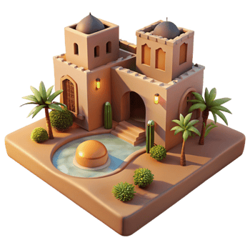 radiant avant garde A desert oasis with traditional mud brick architecture, warm sunset lighting, peaceful atmosphere, studio quality png