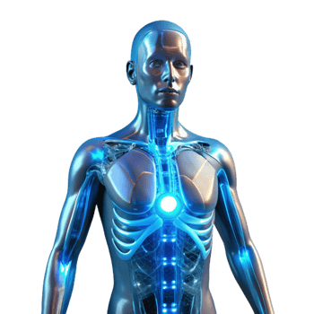 remarkable bohemian A transparent human figure, its internal organs replaced with glowing circuitry, illuminated by a cool, blue light, cyberpunk style studio quality png