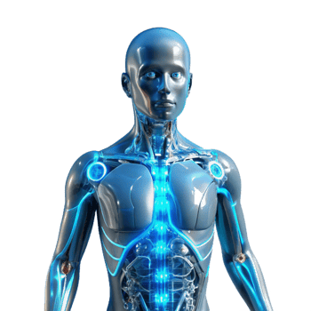 serene whimsical industrial A transparent human figure, its internal organs replaced with glowing circuitry, illuminated by a cool, blue light, cyberpunk style perfect clarity png