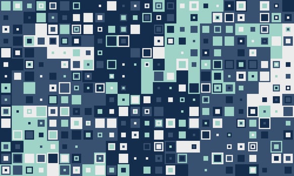 Abstract geometric pattern of varied sized squares in teal, navy, and white. Ideal for backgrounds, website design, or modern tech concepts. vector