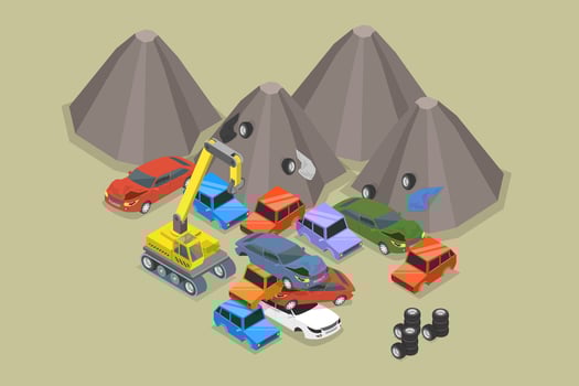 3D Isometric Flat Illustration of Car Dump Junkyard, Disposal of Crashed Auto vector