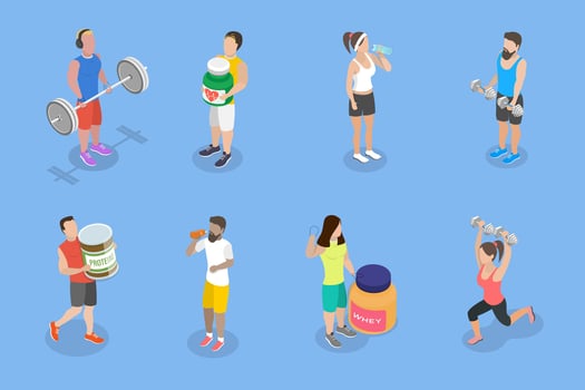 3D Isometric Flat Illustration of Fitness People, Sport Nutrition, Healthy Lifestyle vector