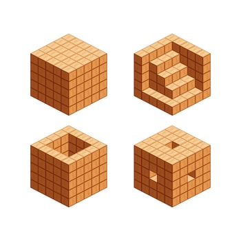 wooden cubes isometric for children learning, tower wood cubes sample different, 3d cubes wood for logic counting of preschool children, block wooden square for mathematical game kid vector