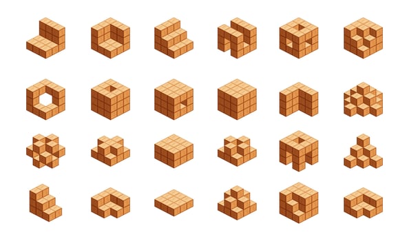 wooden cubes isometric for children learning, wood cubes sample with different isolated on white, 3d cubes wood for logic counting of preschool children, block wooden square for mathematical game kids vector