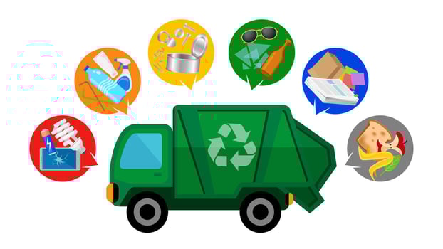 garbage truck and waste isolated on white background, clip art of recycle waste truck for cleaner management, garbage truck icon simple, illustration garbage truck green for flat infographic symbol vector