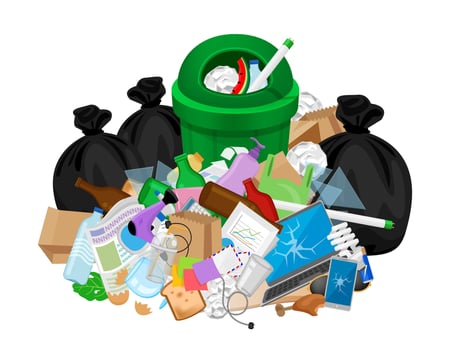 pile of garbage waste and bag plastic, green recycle bin isolated on white, plastic garbage waste many, plastic waste dump and bin green, illustration stack plastic waste and bin separation recycle vector