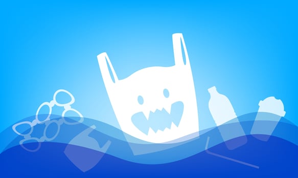 polluted from bag plastic waste in the sea, plastic free concept for copy space, flat cartoon plastic garbage in ocean sea, marine pollution and plastic waste underwater, river pollution vector