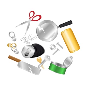 metal waste many isolated on white, pile of metal garbage for recycling, waste canned metal or rubbish recycle, illustration iron cans waste garbage for metal recycle and separation vector
