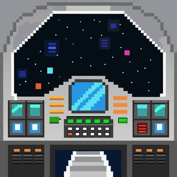 Retro Pixel Art Spaceship Cockpit with Starry Space View vector