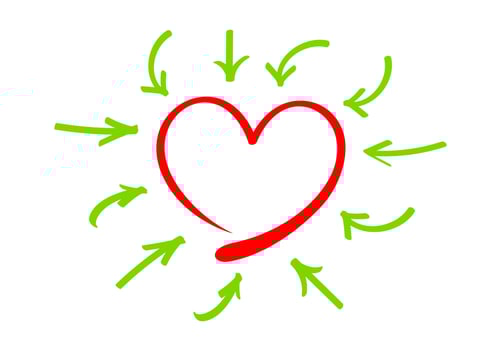 heart shape and arrow line points to heart frame isolated on white, doodle red heart shape and arrow line green for clip art, illustration of arrow line and heart red, copy space for valentine's day vector