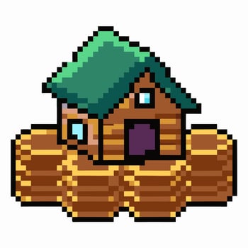Pixelated Wooden House with Green Roof on Stacked Logs Retro Game Style vector