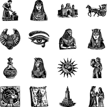 Egyptian black and white icons set vector