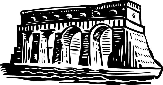 A black and white drawing of a castle vector