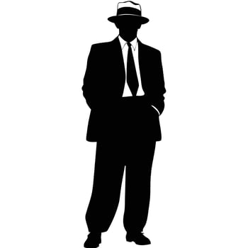 Silhouette Of Elegant Man Wearing Fedora Suit And Tie Illustration vector
