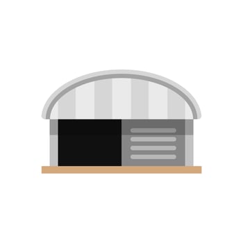 warehouse factory front view isolated on white, icon logistic storehouse of factory outside, symbol warehouse factory building for industry, clip art cartoon storehouse factory for infographic flat vector