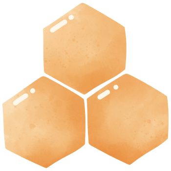 Three orange hexagons connect at a central point, forming a hexagon cluster. Each has a small white highlight, giving it a shiny, honeycomb-like surface. png