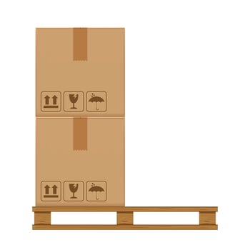 crate boxes two on wooden pallet, wood pallet with cardboard box in factory warehouse storage, flat style warehouse cardboard parcel boxes stack, packaging cargo, 3d boxes brown isolated on white vector