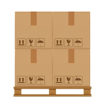 crate boxes four on wooden pallet, wood pallet with cardboard box in factory warehouse storage, flat style warehouse cardboard parcel boxes stack, packaging cargo, 3d boxes brown isolated on white vector