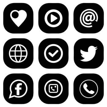 Black Icon Set with Social Media Symbols on Rounded Squares, Communication Tools vector