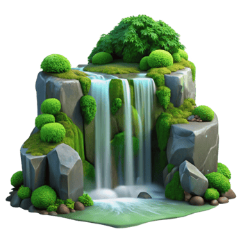 serene reflective art deco A waterfall cascading down mossy rocks, lush green foliage, tranquil and serene, long exposure photography, masterfully captured png
