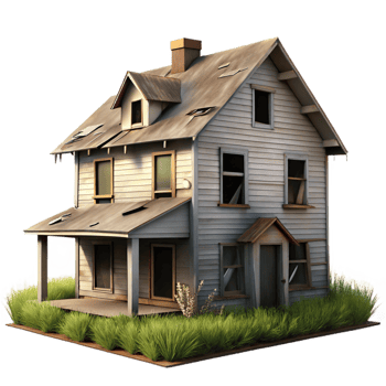 vibrant ethereal traditional An abandoned farmhouse with peeling paint and broken windows, overcast sky with subtle light gradients, rural landscape photography style high quality png