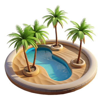 serene standout A desert oasis with palm trees and a reflecting pool, bright midday sunlight, photorealistic render png