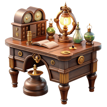 romantic dazzling A sophisticated steampunk writing desk, with intricate clockwork mechanisms and hidden compartments, soft, warm lighting, victorian style crisp png