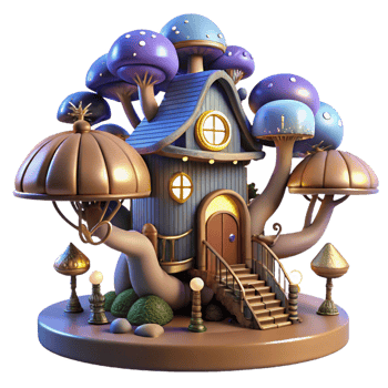 magnificent energetic surreal A whimsical steampunk treehouse, built into a giant clockwork tree, surrounded by glowing mushrooms, whimsical lighting, fantasy style impeccable png