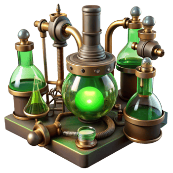 striking playful contemporary A steampunk laboratory filled with bubbling beakers, sparking wires, and intricate brass instruments, eerie green lighting, gothic style luxury png