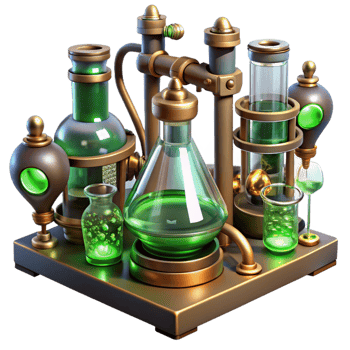 sought after impressionist A steampunk laboratory filled with bubbling beakers, sparking wires, and intricate brass instruments, eerie green lighting, gothic style high quality png
