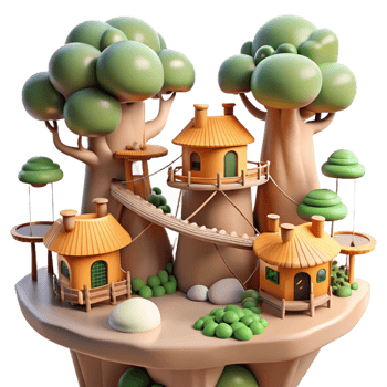 bold captivating A whimsical, treetop village connected by rope bridges, bathed in warm, dappled sunlight, whimsical illustration style handcrafted png