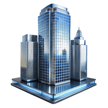dramatic stunning A modern glass and steel skyscraper with reflective surfaces, bright city lights reflected, contemporary architecture style high quality png