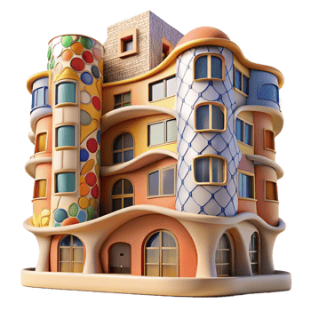 fascinating quintessential Gaudi inspired apartment building, curved lines, colorful mosaics, bright sunlight, Art Nouveau, png