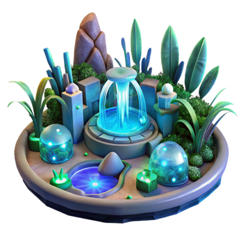 impressive retro A futuristic garden filled with bioluminescent plants and glowing water features. Magical, ethereal lighting. Biopunk fantasy style high quality png