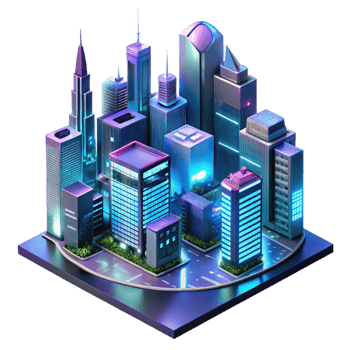 fascinating surreal A futuristic cityscape at night, skyscrapers adorned with holographic advertisements, neon lights reflecting in rain slicked streets, cinematic style studio quality png