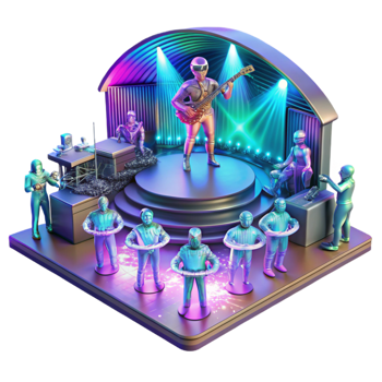 magnificent reflective elegant A futuristic concert, holographic musicians performing for a massive crowd. Energetic, vibrant lighting. Cyberpunk music scene style original png