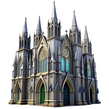 impressive energetic geometric A towering, gothic cathedral, intricate carvings and stained glass windows, dramatic and awe inspiring style high resolution png