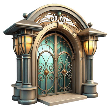 exquisite dynamic geometric An Art Nouveau metro station entrance, swirling ironwork, stained glass, soft lighting, elegant, vintage, perfect clarity png