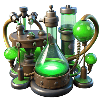 pristine elegant A steampunk laboratory, filled with bubbling beakers, sparking wires, and strange contraptions, bathed in the eerie green light of chemical reactions artisan png