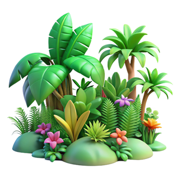 passionate enchanting A lush tropical rainforest, vibrant green foliage, exotic flowers, humid atmosphere, luxury png