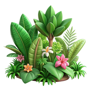 whimsical dazzling A lush tropical rainforest, vibrant green foliage, exotic flowers, humid atmosphere, handcrafted png