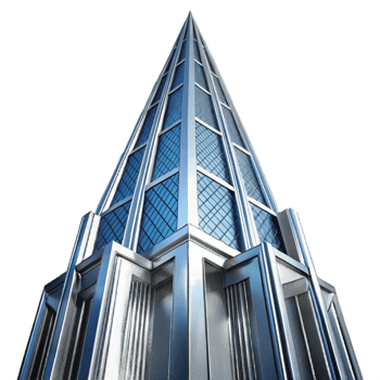 dramatic reflective mid century Art Deco skyscraper, chrome and glass, sharp angles, volumetric lighting, high contrast, stylized, expertly shot png
